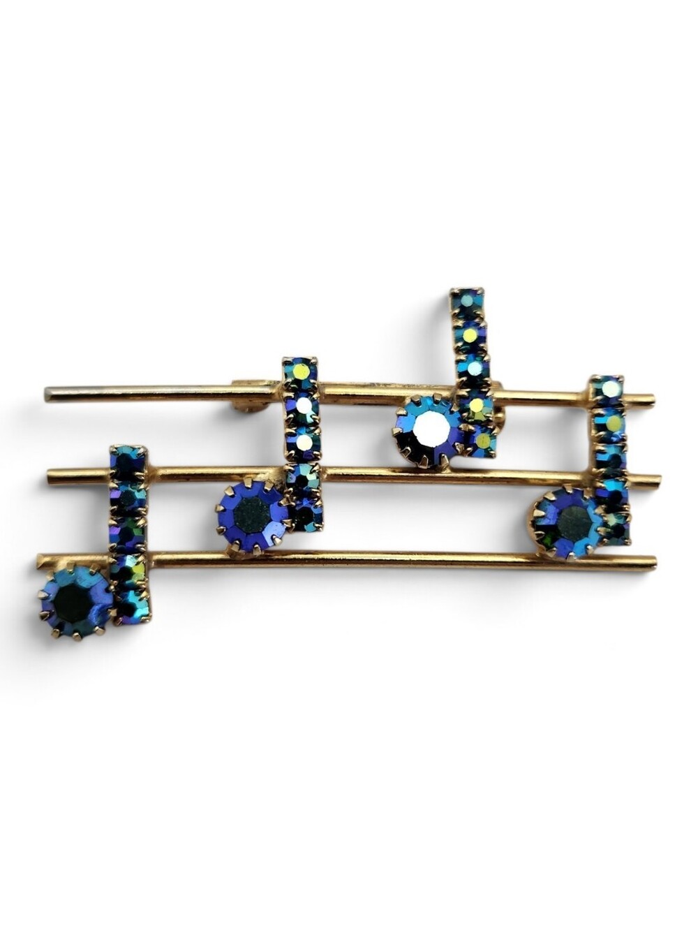 Vintage Blue AB Rhinestone Music Note Brooch Pin